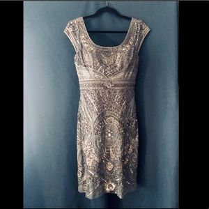 Sue Wong Silver Beaded Cocktail Dress